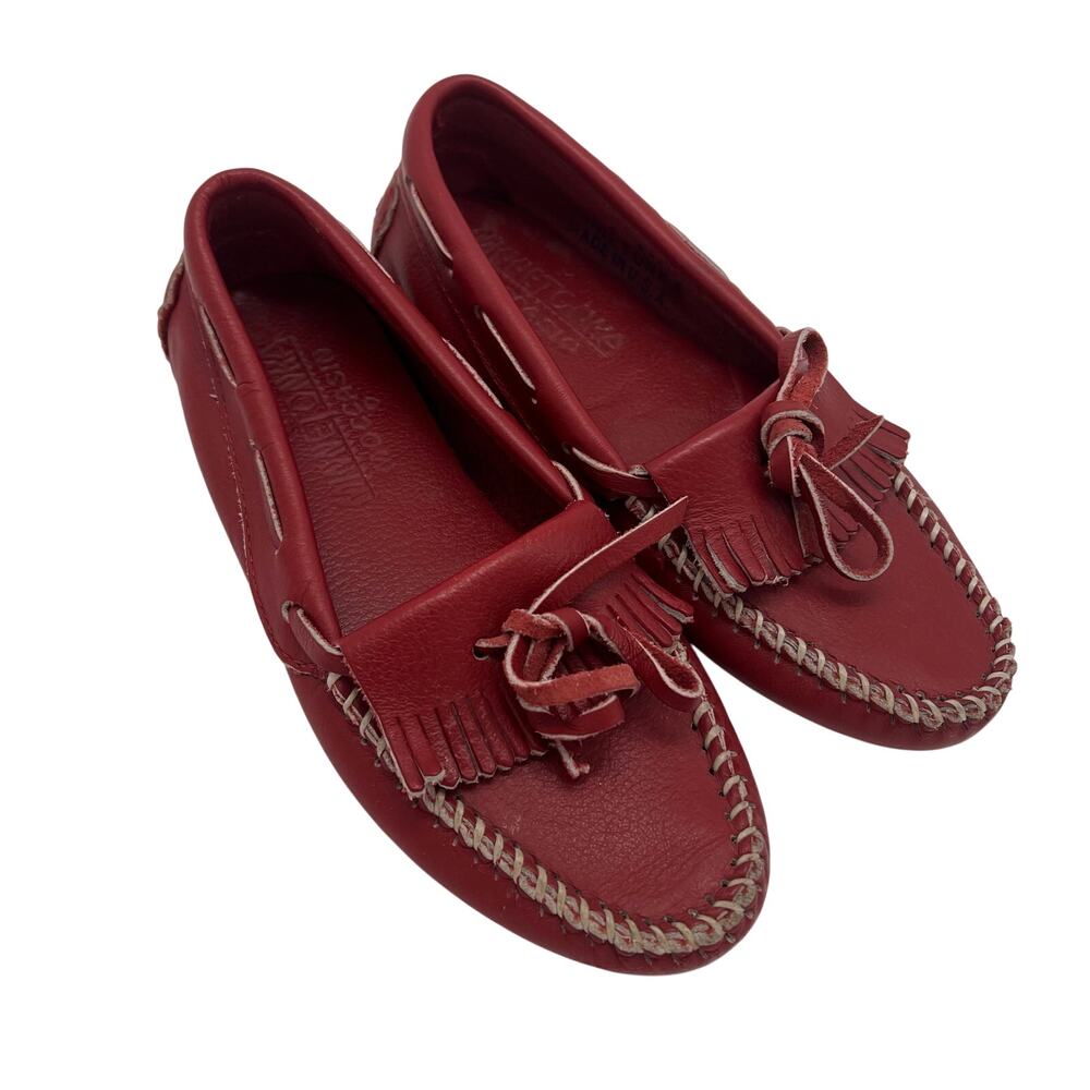 Minnetonka Womens Kilty Driving Moccasin 5 Red Leather Fringe Bow USA